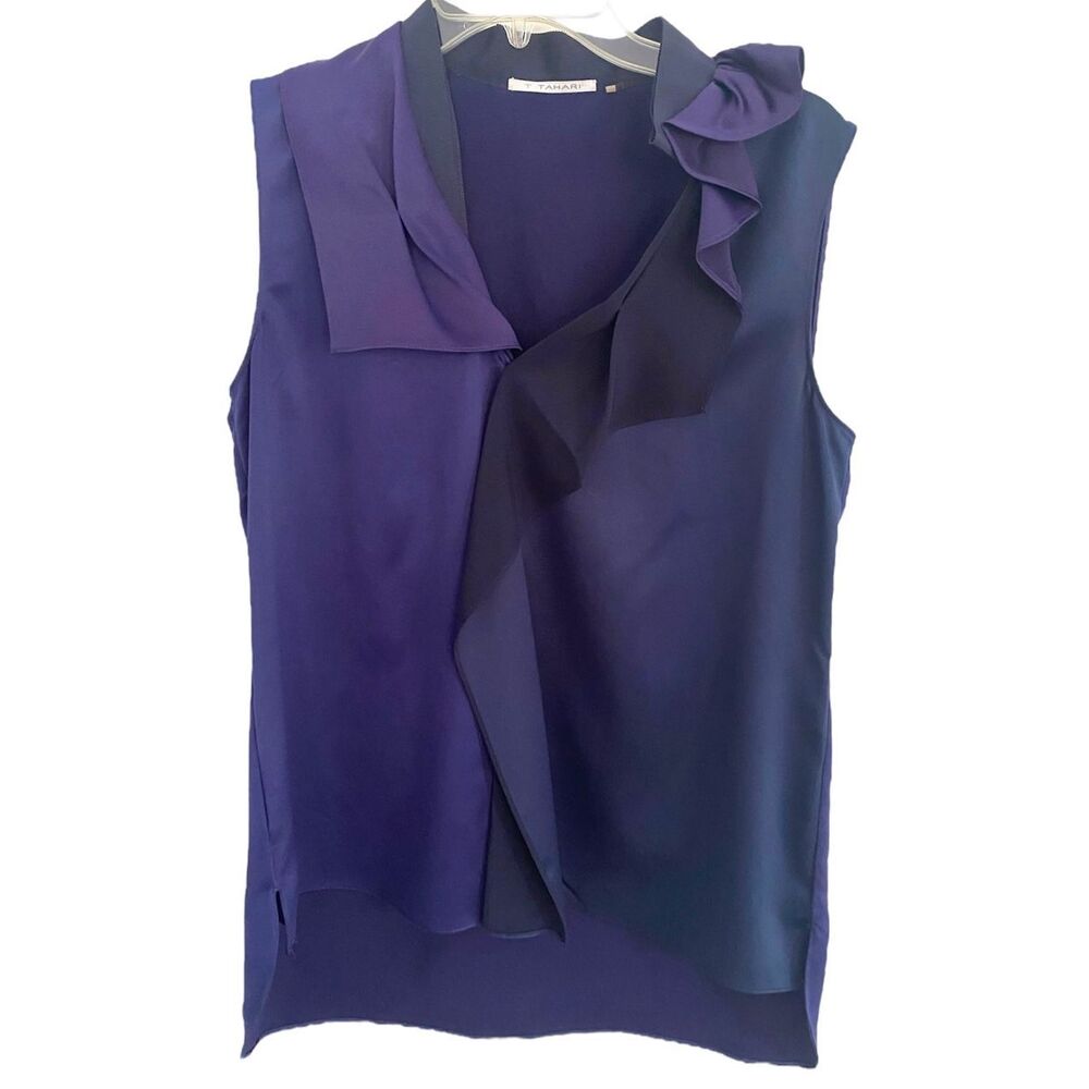 T Tahari Sleeveless Asymmetrical Navy/Purple Ruffle V Neck Top Sz M